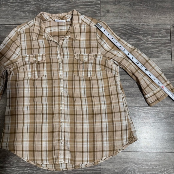 St. John's Bay Women Beige Plaid Collared 3/4 Sleeve Button Down Shirt Shirt L - Picture 13 of 13